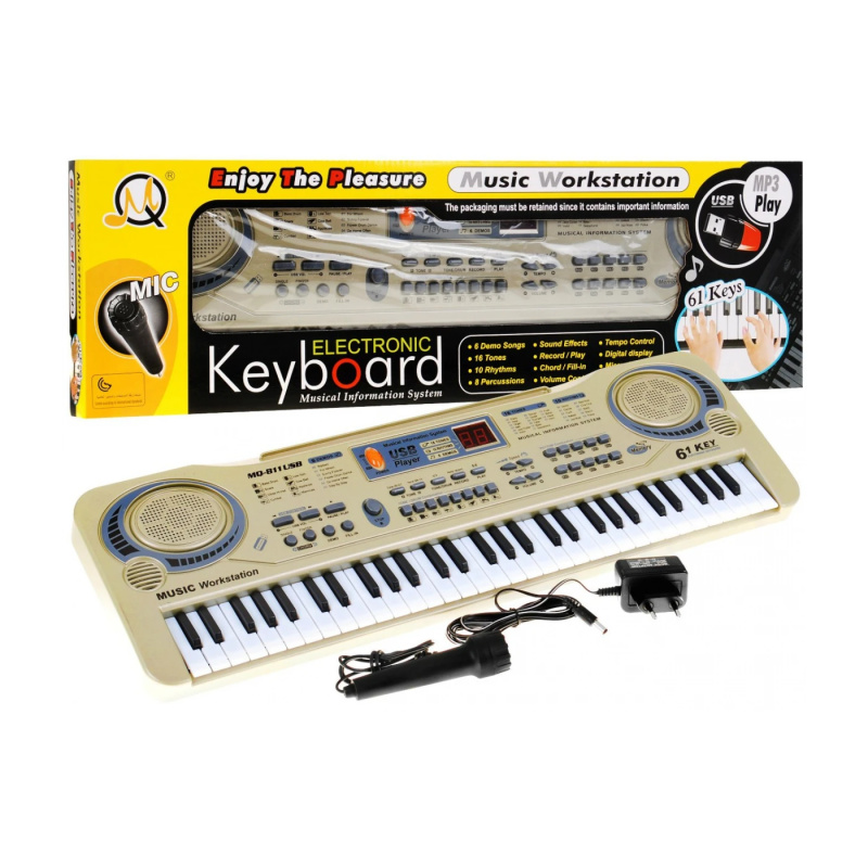 Béžová klávesnice pro děti 5+ Mikrofon + nahrávání + USB MP3 - model č. 811