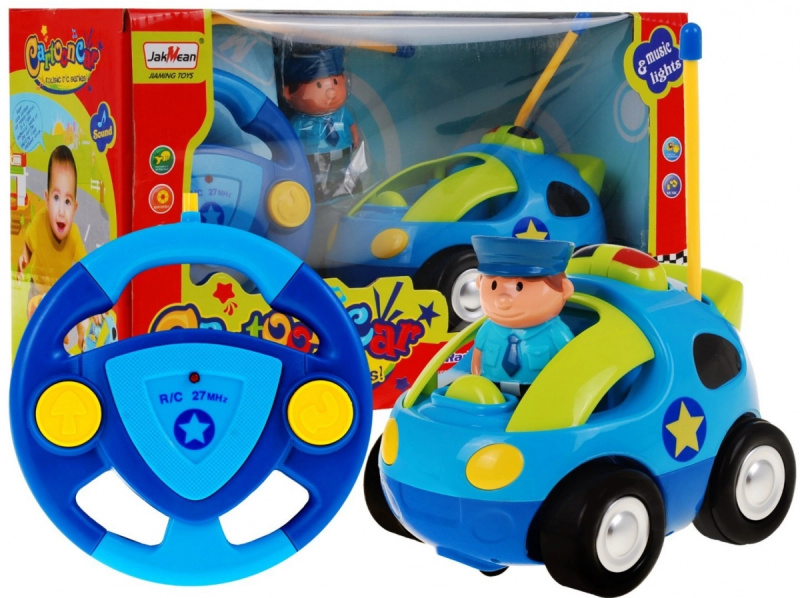 rc policejní autíčko pro děti s volantovým ovladačem, figurkou policisty, zvuky a světly