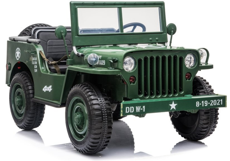 Retro vojenské auto pro 3 děti Zelené + pohon 4x4 + úložné prostory + EVA + pomalý start + MP3 LED