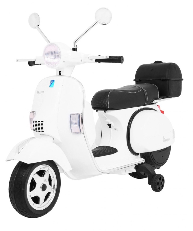Dětský elektrický skútr Vespa bílý s pomocnými kolečky, audiem a ekokůží