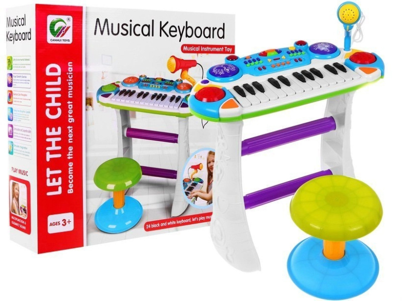 Modrý hudební set Keyboard + Bubny + Mikrofon pro děti 3+ Světla + Zvuky 2 oktávy