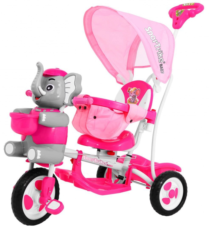 Dětské tříkolové kolo Slon + zvuky + stříška + zábrana + opěrka nohou + rukojeť + ližiny + úložný prostor – Růžové