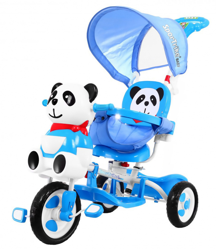 Dětské tříkolové kolo Panda + zvuky + stříška + zábrana + opěrka nohou + rukojeť + ližiny + úložný prostor – Modré