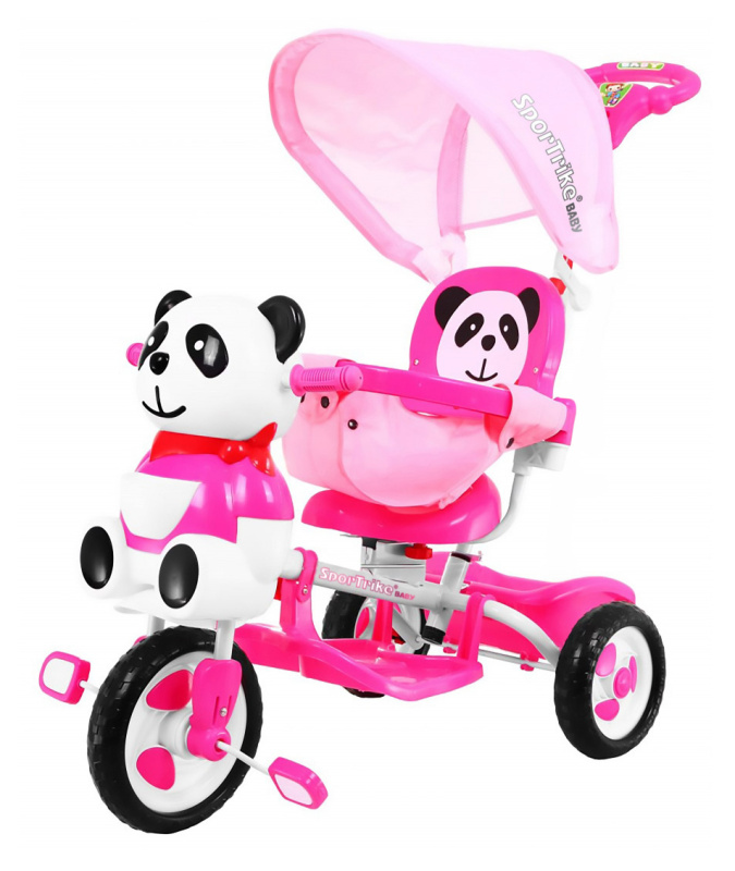 Dětské tříkolové kolo Panda + zvuky + stříška + zábrana + opěrka nohou + rukojeť + ližiny + úložný prostor – Růžové