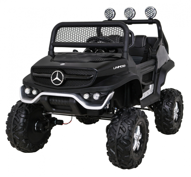 Mercedes Benz Unimog pro děti černý + pohon 4x4 + dálkové ovládání + zavazadlový prostor + pomalý start + MP3 LED