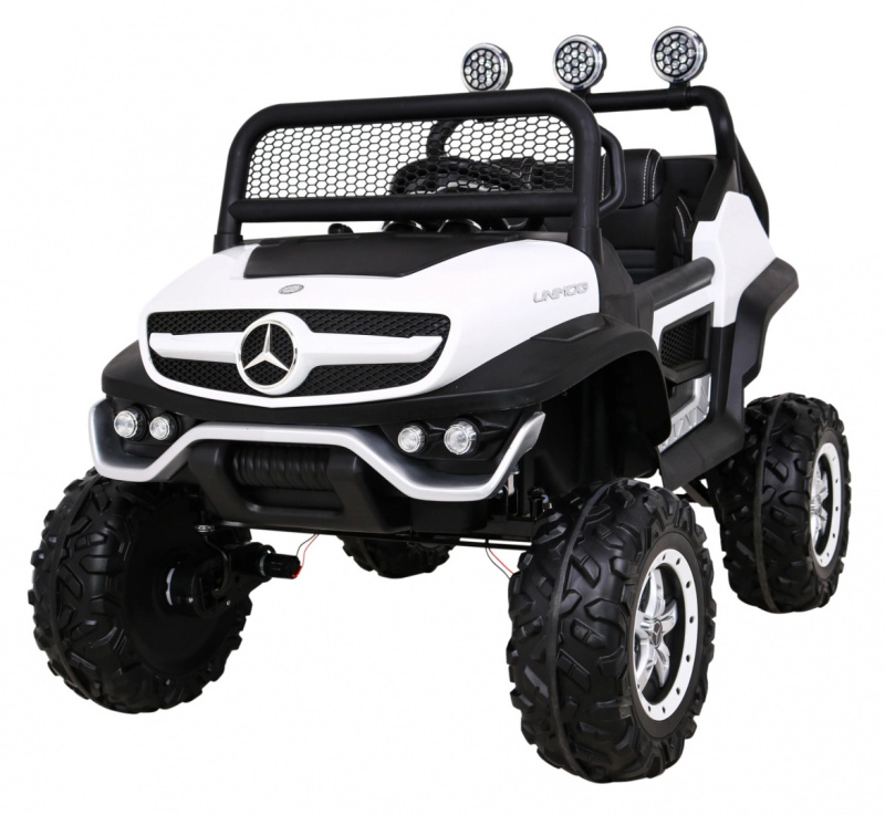 Mercedes Benz Unimog pro děti bílý + pohon 4x4 + dálkové ovládání + nosič zavazadel + pomalý start + MP3 LED
