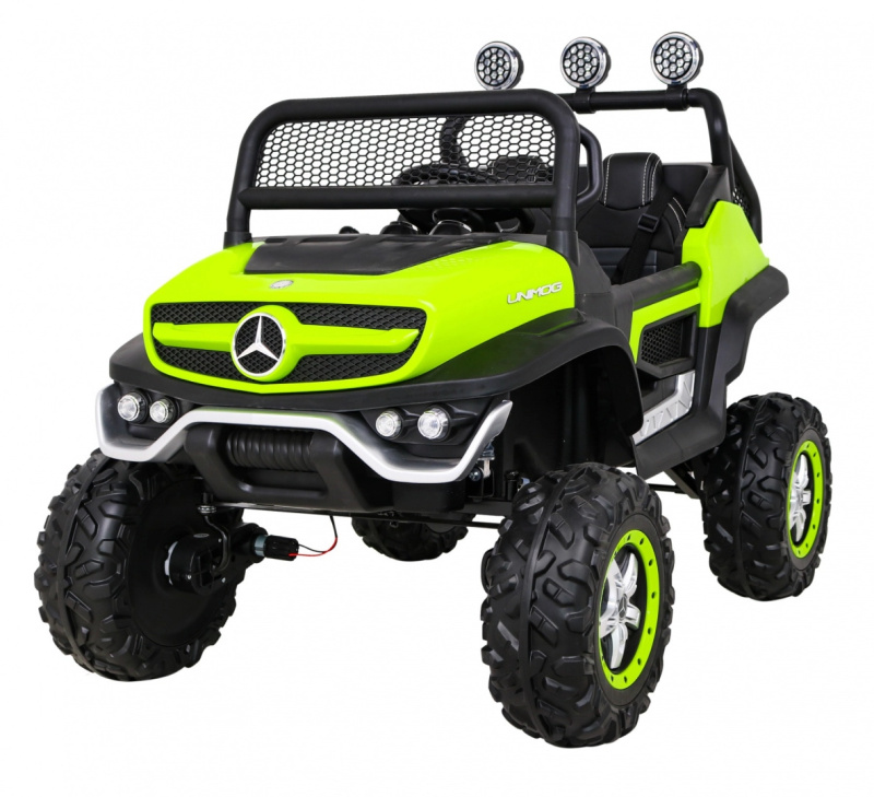 Mercedes Benz Unimog pro děti Zelený + pohon 4x4 + dálkové ovládání + zavazadlový prostor + pomalý start + MP3 LED