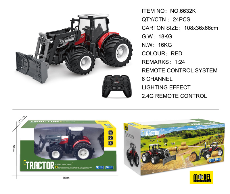 Dálkově ovládaný traktor se spychákem 1:24 červený