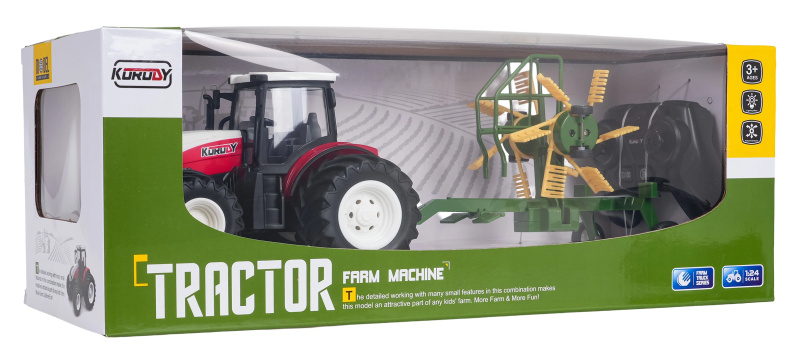 Dětský RC traktor se zhrabovačem sena 1:24 – červený
