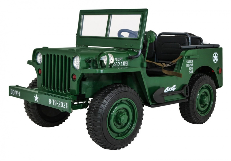 Retro silné vojenské auto pro 3 děti Zelené + pohon 4x4 + úložné prostory + EVA + pomalý start + MP3 LED
