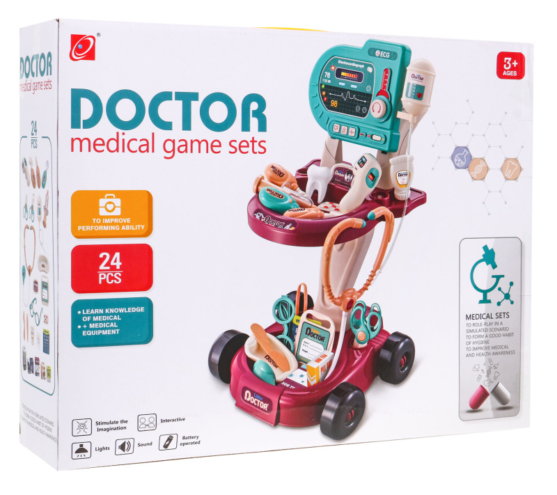 Lékařský set pro děti 3+ Vozík + EKG panel 24 ks