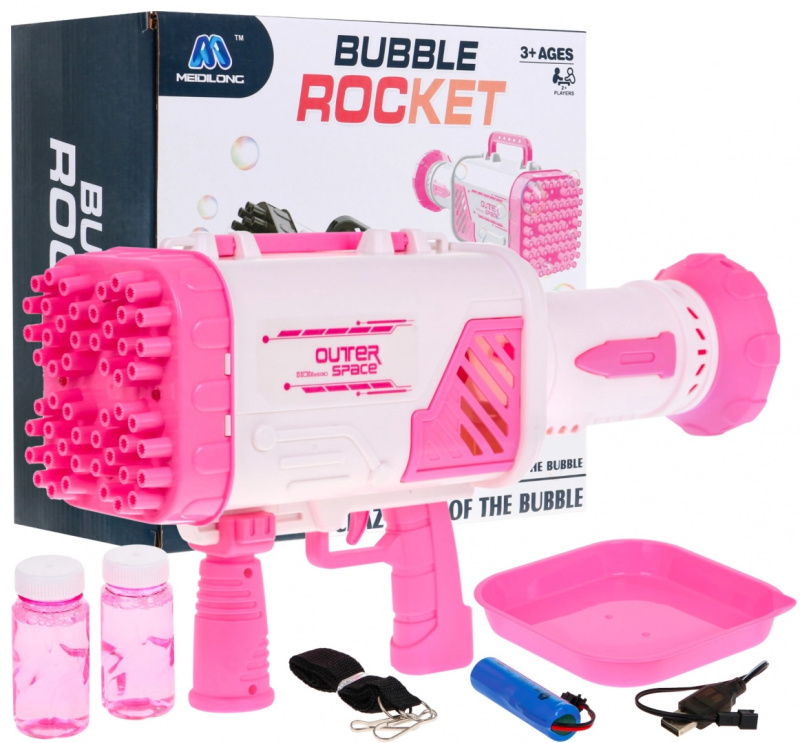 Mýdlová bublina Baby Gun s ventilátorem + bublinková tekutina – Růžová