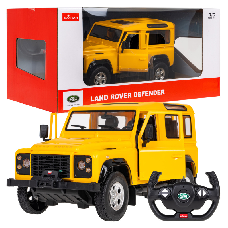 Tomido Land Rover Defender żółty RASTAR model 1:14 Zdalnie sterowanie auto + Pilot 2,4 GHz + Ręcznie otwierane drzwi