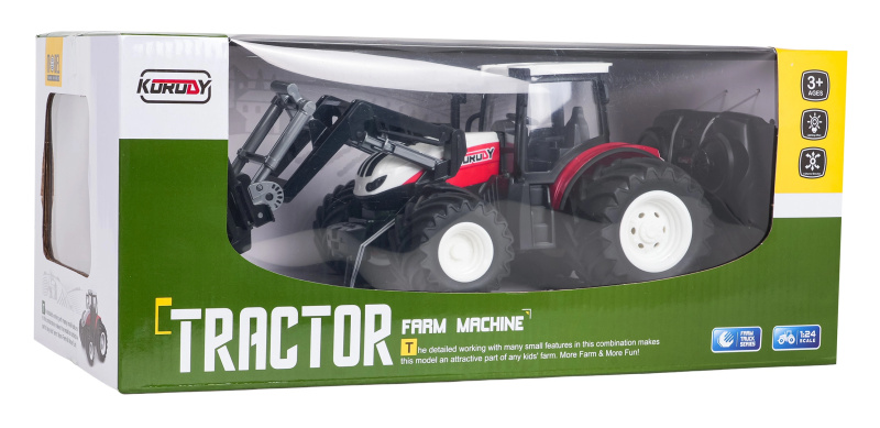 RC traktor s čelním nakladačem, červený 1:24