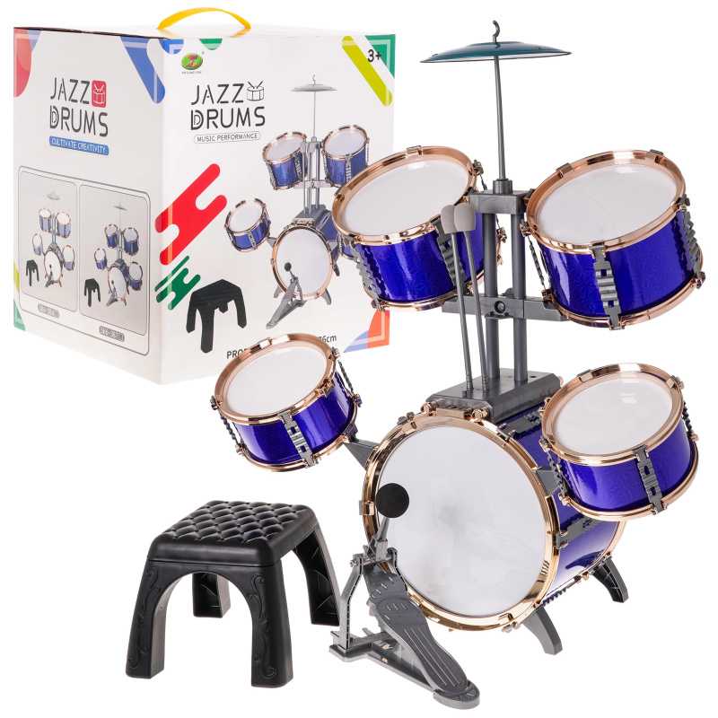 dětská bicí souprava 5dílná s kovovým činelem, paličkami a stoličkou – Modrá