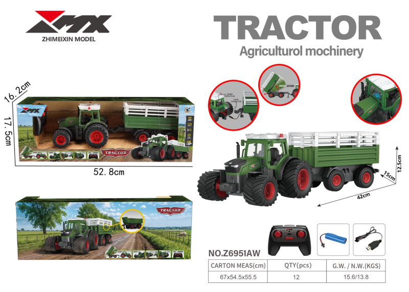 Dálkově ovládaný traktor s návěsem a sklápěčem