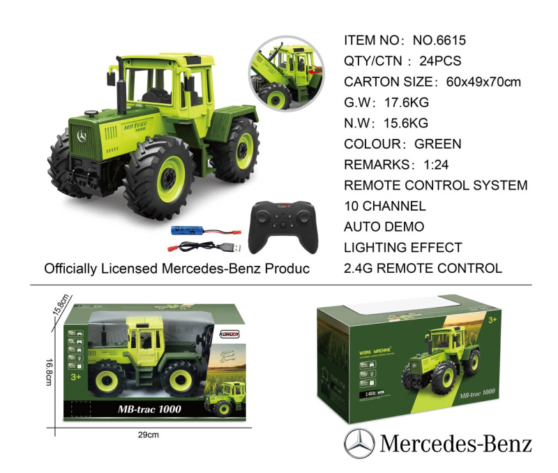 Dálkově ovládaný zelený traktor Mercedes-Benz 1:24