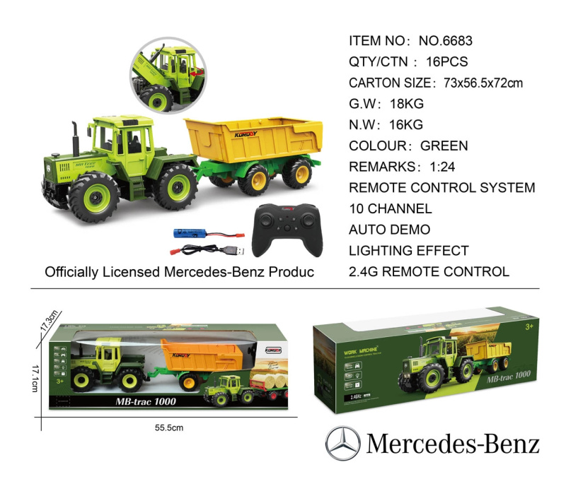 Dálkově ovládaný zelený traktor Mercedes-Benz s žlutým přívěsem 1:24
