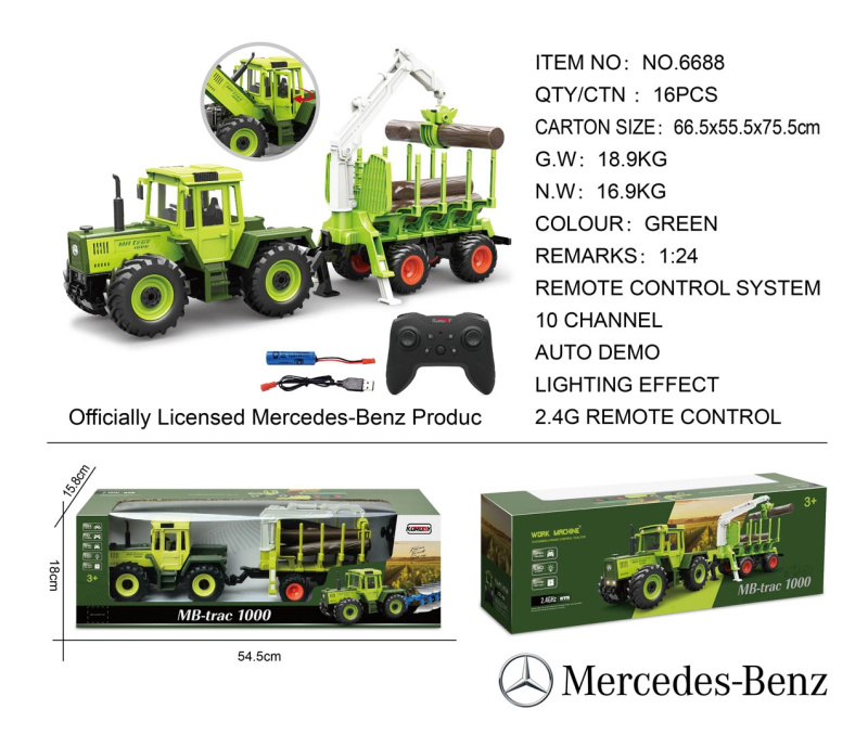 Zelený RC traktor Mercedes-Benz s přívěsem na dřevo a jeřábem 1:24