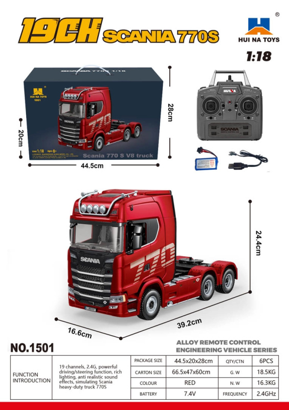 Dálkově ovládaný kamion SCANIA 770S 1:18 červený
