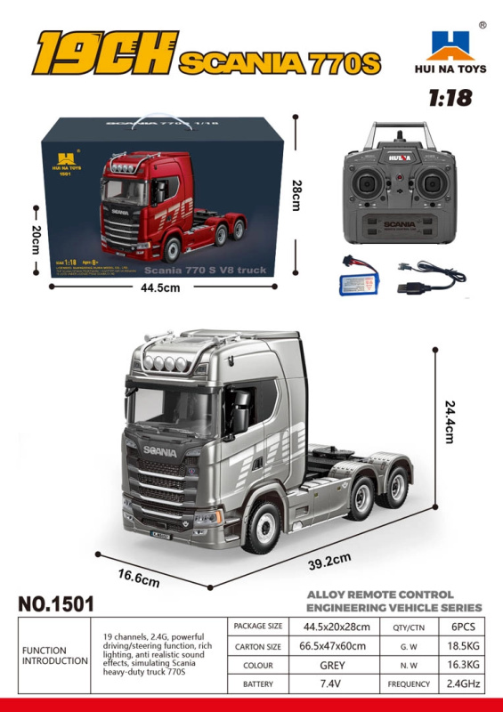 Dálkově ovládaný kamion Scania 770S 1:18 šedý