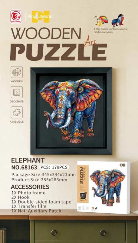 Dřevěné puzzle slon 179 dílků s rámečkem