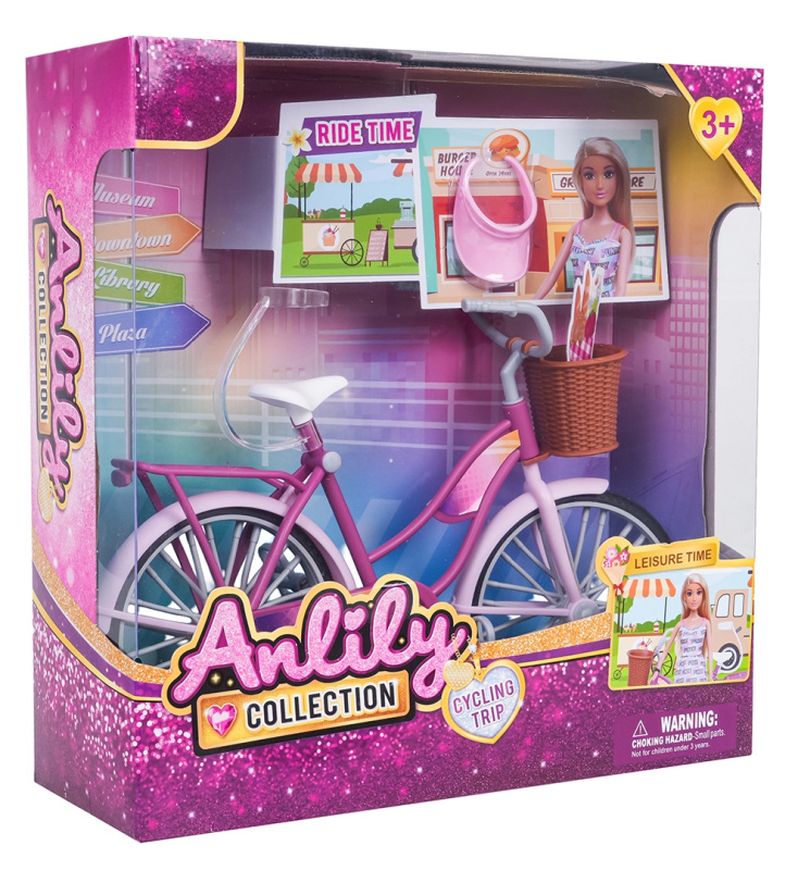 Růžové kolo pro panenky s košíkem a doplňky