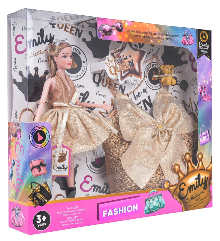 Panenka s kabelkou pro děti EMILY – třpytivé šaty a doplňky