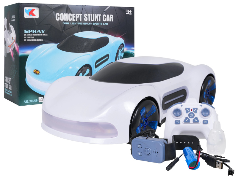 RC auto s kouřovým efektem a ovládáním ovladačem i hodinkami – bílé