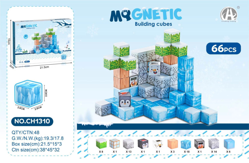magnetické kostky a kostičky 3D – stavebnice 66 dílů