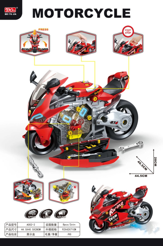 Sada malého mechanika – motocyklový dílenský set 2v1 se světly a zvuky