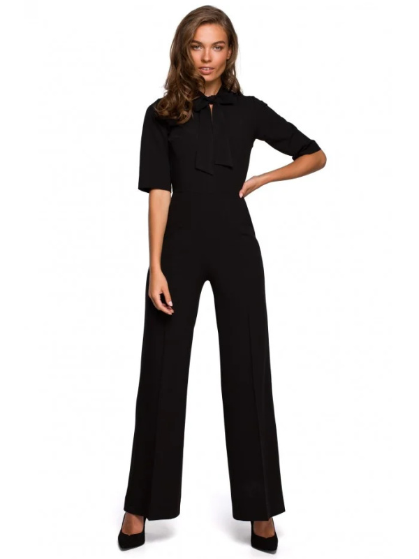 S243 Elegantní overal se zavazováním za krkem - černý EU S
