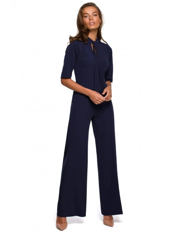 S243 Elegantní overal se zavazováním za krkem - tmavě modrý EU S