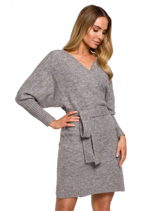 M631 Zavinovací svetrové šaty s vázáním - šedé EU L/XL
