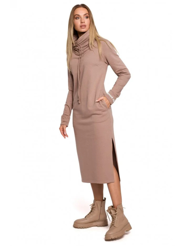 M622 Maxi šaty s vysokým límcem na šňůrku - cappuccino EU XL