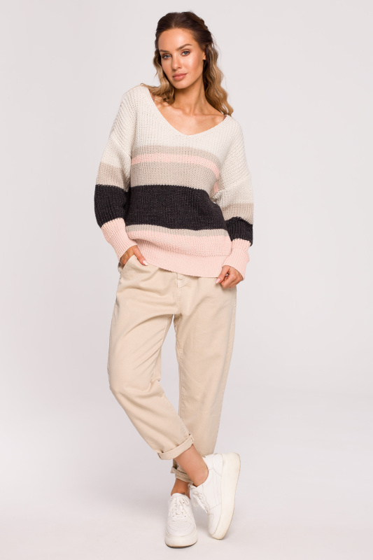 M686 Pruhovaný svetr s výstřihem do V - model 2 EU L/XL