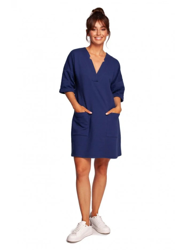 B233 Tunikové šaty s výstřihem do V a kapsami vpředu - tmavě modré EU S/M