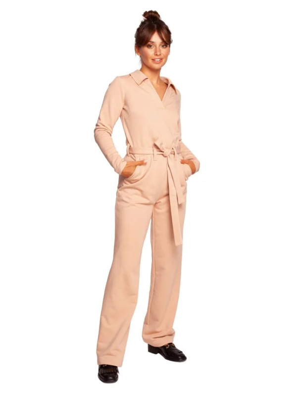 B248 Úpletový overal s límečkem a páskem na zavazování - béžový EU XL