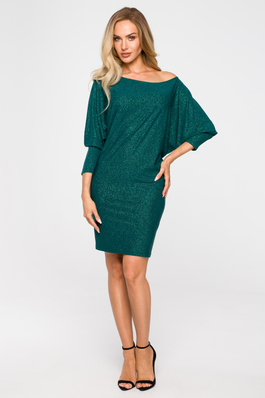 M723 Mini šaty se spadlými rameny - smaragdové EU XXL