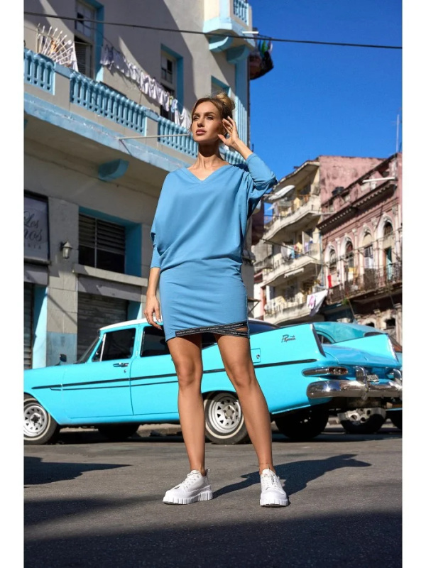 M732 Tunikové šaty s pruhy s logem - modré EU S