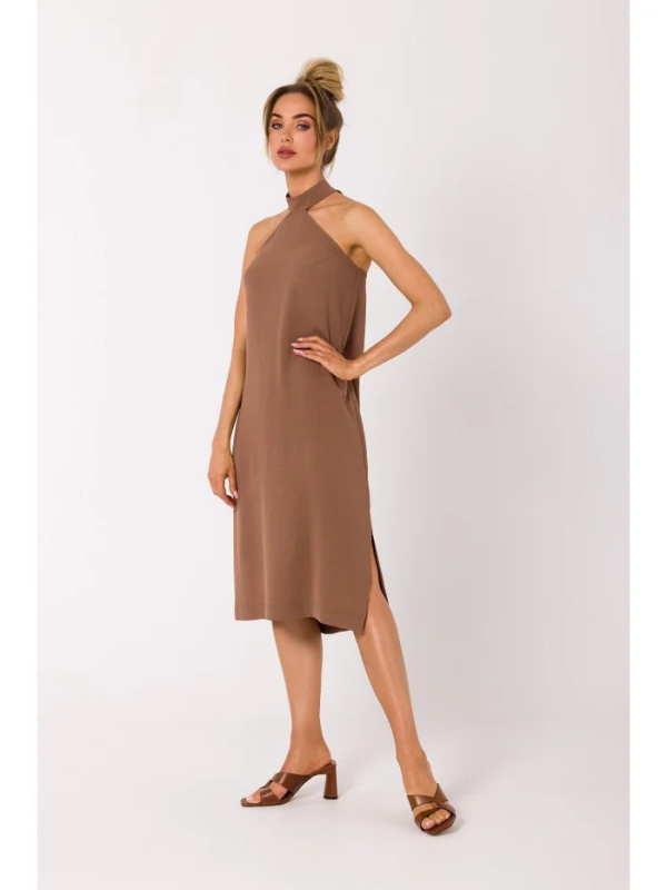 M736 Šaty se zavazováním za krkem - čokoládové EU S