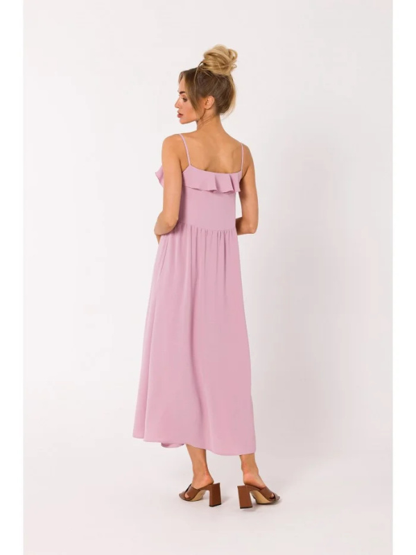 M743 Letní šaty na špagetová ramínka - krepové růžové EU L