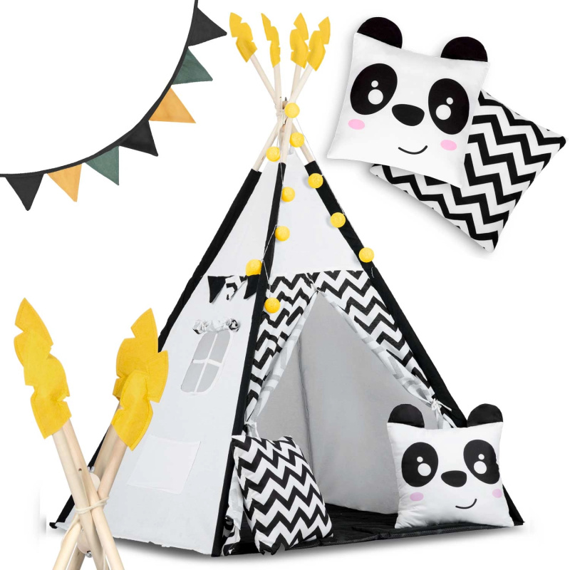 Nukido 740025 Dětské teepee s girlandou a světýlky bíločerné s pandou