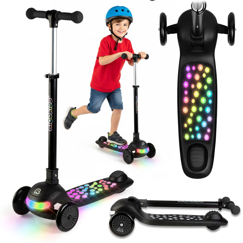 Dětská tříkolová balanční koloběžka s LED podsvícením Ricokids Glowi – černá