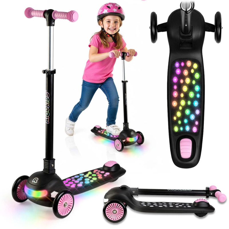 Dětská třikolová balanční koloběžka s LED podsvícením Ricokids Glowi – černo‑růžová