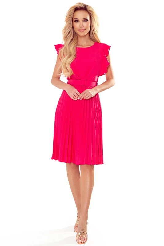 LAYLA - Dámské plisované šaty v malinové barvě s opaskem 396-2  XL