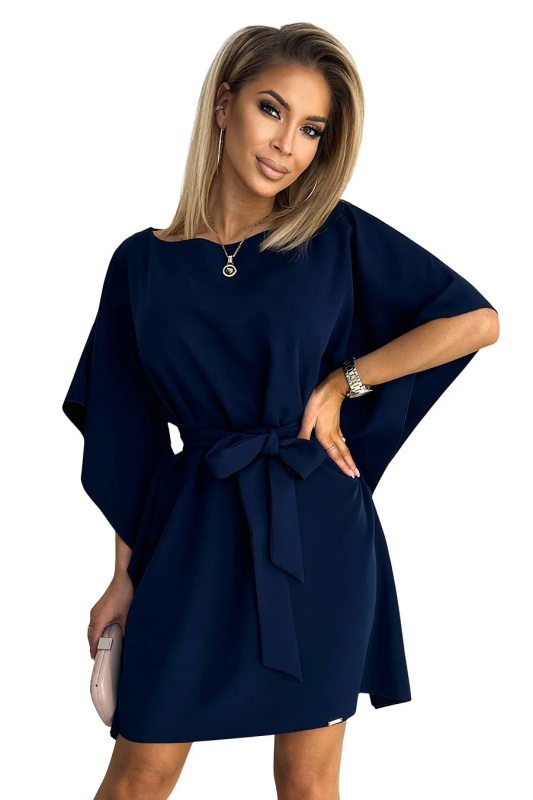 SOFIA - Tmavě modré dámské motýlkové šaty se zavazováním v pase 287-24  2XL/3XL