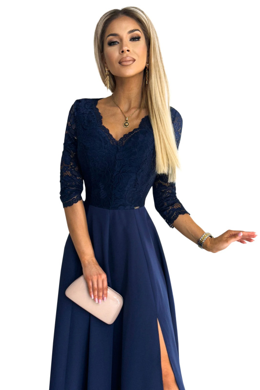 309-6 AMBER elegantní krajkové dlouhé šaty s výstřihem - ZELENÉ XXL