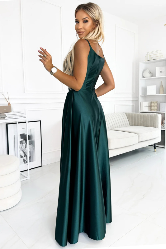 299-9 CHIARA elegantní maxi dlouhé saténové šaty bez ramínek - BOTTLE GREEN S