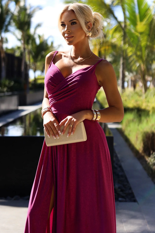 299-19 CHIARA elegantní maxi dlouhé šaty bez ramínek - FUKSY S BROKEREM XXL